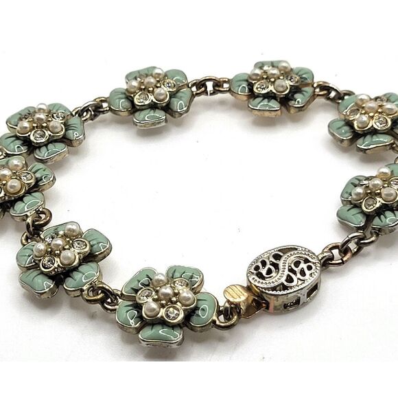 Estate Jewelry - Floral Enamel Pearl Tennis Bracelet Box Clasp 7.3in